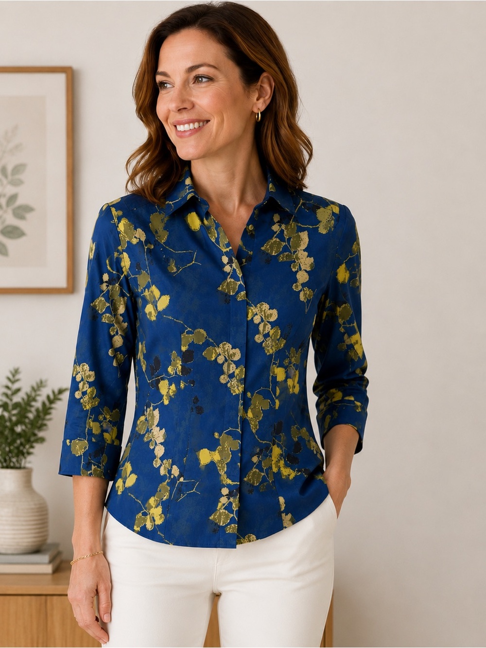Taylor Petites Gold Label Women’s 6P Blue Floral 100% Cotton Blouse 3/4 Sleeve